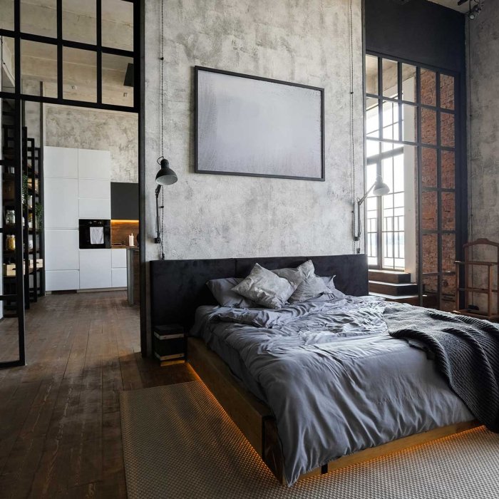 Bedroom industrial style ideas modern panes metal wood dark